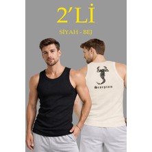Velmora Fashion Erkek Spor Slimfit Fitilli Kaşkorse Arka Basklı Atlet 2'li Set Siyah-Bej