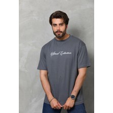 Velmora Fashion Erkek Baskılı T-Shirt Kısa Kol Bisiklet Yaka Regular Fit Tişört - Füme