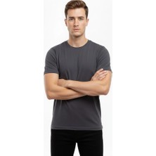 Velmora Fashion Erkek Bisiklet Yaka Slim Fit Dar Kesim Likralı Tişört - Füme