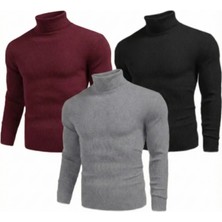 Velmora Fashion 3'lü Siyah, Bordo, Gri Kaşkorse Boğazlı Full Likralı Fitilli Body Kazak