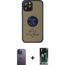 Cepte Toptan iPhone 12 Pro Max Yörünge Çizgi - Siyah 360 Mat Full Body Arka Koruyucu + Mavi Neon Fosforlu Kamera Lens