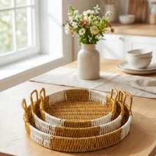 MiraLive Iç Içe Geçebilen 3’lü Yuvarlak Plastik Rattan Tepsi Seti–çift Renkli Hasır Görünümlü Çok Amaçlı Servis ve Sunum Tepsileri (4887)