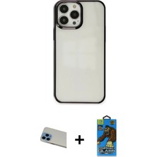 Cepte Toptan iPhone 13 Pro Max Doruk Doku Prime - Siyah 18D Cam Ekran Koruyucu + Mavi Rainbow Kamera Lens Koruma Cam