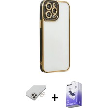 Cepte Toptan iPhone 14 Pro Max Çekirdek Klasik Serisi - Siyah Bilvis 5in1 5d Magic Hayalet Cam Ekran Koruyucu + Gold Band Metal Kamera Lens