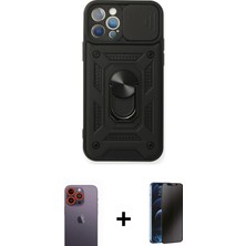 Cepte Toptan iPhone 12 Pro Ahenk Klasik - Siyah 3D Antistatik Hayalet Cam Ekran Koruyucu + Turuncu Neon Fosforlu Kamera Lens