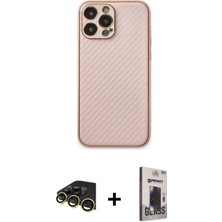 Cepte Toptan iPhone 13 Pro Max Ahenk Işık - Siyah Bilvis Hayalet Cam Ekran Koruyucu + Gold Raze Metal Kamera Lens