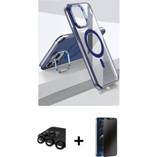 Cepte Toptan iPhone 15 Pro Vadi Çizgi Özel Seri - Siyah 3D Antistatik Hayalet Cam Ekran Koruyucu + Siyah Raze Metal Kamera Lens