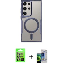 Cepte Toptan Galaxy S23 Ultra Yadigar Klasik Özel Seri - Siyah Durable Full Glue Curved Cam + Lila Raze Metal Kamera Lens