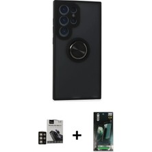 Cepte Toptan Galaxy S24 Ultra Yörünge Çizgi - Siyah 360 Mat Full Body Arka Koruyucu + Gold Pvd Metal Kamera Lens