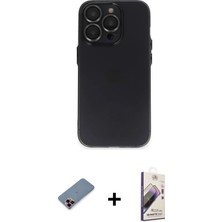 Cepte Toptan iPhone 13 Pro Max Ufuk Minimal Özel Seri - Siyah Bilvis 3D Mat Cam Ekran Koruyucu + Kırmızı Metal Kamera Lens Koruma Cam