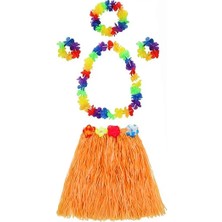 Senka Yetişkin ve Çocuk Uyumlu Luau Aloha Hawaii Turuncu Etek ve Renkli Kolye Taç 2 Adet Bileklik Seti