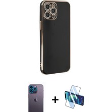 Cepte Toptan iPhone 12 Pro Yankı Serisi - Siyah 3D Antistatik Seramik Nano Ekran Koruyucu + Mavi Neon Fosforlu Kamera Lens