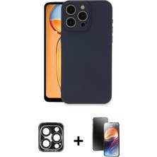 Cepte Toptan iPhone 15 Pro Max Ahenk Serisi - Siyah 3D Antistatik Mat Seramik Nano Ekran Koruyucu + Lacivert Pvd Metal Kamera Lens