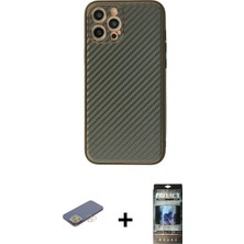 Cepte Toptan iPhone 12 Pro Ahenk Işık - Siyah 34D Hayalet Izgaralı Cam + Sarı Renkli Kamera Lens Koruma Cam