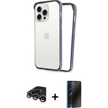 Cepte Toptan iPhone 15 Pro Pusula Asil Koleksiyonu - Siyah 3D Antistatik Hayalet Cam Ekran Koruyucu + Gümüş Raze Metal Kamera Lens