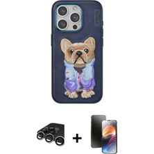 Cepte Toptan iPhone 15 Pro Max Iz Minimal Koleksiyonu - Siyah 3D Antistatik Mat Seramik Nano Ekran Koruyucu + Gümüş Raze Metal Kamera Lens