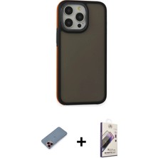 Cepte Toptan iPhone 13 Pro Max Eksen Işık - Siyah Bilvis 3D Mat Cam Ekran Koruyucu + Kırmızı Metal Kamera Lens Koruma Cam