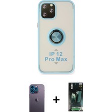 Cepte Toptan iPhone 12 Pro Max Yörünge Çizgi - Siyah 360 Mat Full Body Arka Koruyucu + Mavi Neon Fosforlu Kamera Lens