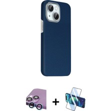 Cepte Toptan iPhone 14 Kozmos Klasik Prime - Siyah 3D Antistatik Cam Ekran Koruyucu + Mavi Raze Metal Kamera Lens