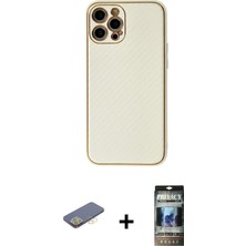 Cepte Toptan iPhone 12 Pro Ahenk Işık - Siyah 34D Hayalet Izgaralı Cam + Sarı Renkli Kamera Lens Koruma Cam