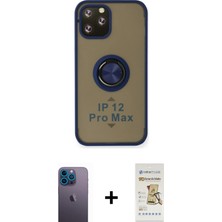 Cepte Toptan iPhone 12 Pro Max Yörünge Çizgi - Siyah Mat Seramik Nano Ekran Koruyucu + Mavi Neon Fosforlu Kamera Lens