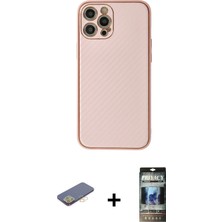 Cepte Toptan iPhone 12 Pro Ahenk Işık - Siyah 34D Hayalet Izgaralı Cam + Sarı Renkli Kamera Lens Koruma Cam