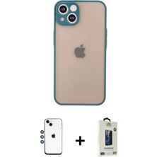 Cepte Toptan iPhone 14 Ahenk Çizgi Serisi - Siyah Bilvis Hayalet Cam Ekran Koruyucu + Mavi Shine Kamera Lens