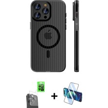 Cepte Toptan iPhone 16 Pro Pusula Minimal Koleksiyonu - Siyah 3D Antistatik Cam Ekran Koruyucu + Siyah Raze Metal Kamera Lens