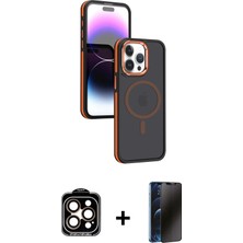Cepte Toptan iPhone 15 Pro Max Yörünge Klasik - Siyah 3D Antistatik Hayalet Cam Ekran Koruyucu + Turuncu Pvd Metal Kamera Lens