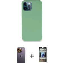 Cepte Toptan iPhone 12 Pro Zirve Modern Özel Seri - Siyah 34D Hayalet Izgaralı Cam + Sarı Neon Fosforlu Kamera Lens