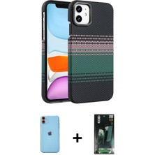 Cepte Toptan iPhone 11 Doruk Serisi - Şeffaf 360 Full Body Arka Koruyucu + Turuncu Neon Fosforlu Kamera Lens