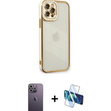 Cepte Toptan iPhone 12 Pro Çekirdek Klasik Serisi - Siyah 3D Antistatik Seramik Nano Ekran Koruyucu + Beyaz Neon Fosforlu Kamera Lens