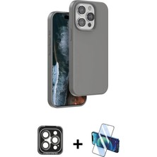 Cepte Toptan iPhone 15 Pro Max Kıvılcım Çizgi Serisi - Siyah 3D Antistatik Seramik Nano Ekran Koruyucu + Gri Pvd Metal Kamera Lens