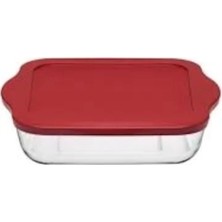 Paşabahçe 59024 Plastik Kapaklı Kare Borcam Tepsi 25x22 cm Kırmızı Renkli Derinlik 6 cm
