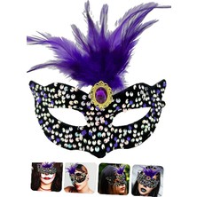 Nerm Siyah Kadife Üzeri Rengarenk Payetli Pullu Mor Tüylü Mor Taşlı Parti Maskesi 19X21 cm