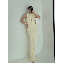 Velmora Fashion Kalın Fitilli Uzun Triko Elbise - Kırık Beyaz -
