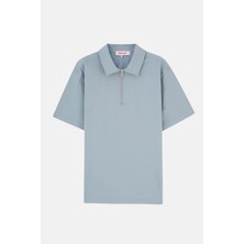 Basic Quarter-Zip Polo Yaka Dokuma T-Shirt - Buz Mavisi