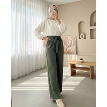 Moda Morfo Beli Lastikli Bağlamalı  Bol Paça Pantolon  -Haki