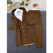 Modamorfo Kapşonlu Kapaklı Cepli Pantolonlu Takım   -Taba