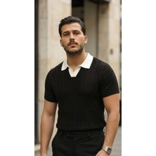 Equri Erkek Desenli Kısa Kollu Triko Tişört - %100 Pamuk Akrilik