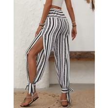 Arben Boutique Kadın Yüksek Bel Desenli Paçadan Bağlamalı Yanları Yırtmaçlı Süprem Pantolon