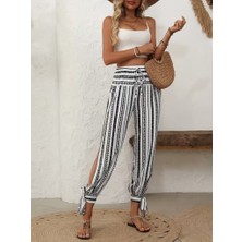 Gacha Kadın Yüksek Bel Desenli Paçadan Bağlamalı Yanları Yırtmaçlı Süprem Pantolon