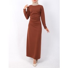 Moda Morfo Belden Büzgülü Örme Krep Likralı Elbise  -Taba