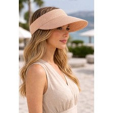 Aydın Şapkacınız Kadın Hasır Vizör Şapka Arkası Ayarlanabilir Lastikli Üstü Açık Yazlık Güneş Şapkası