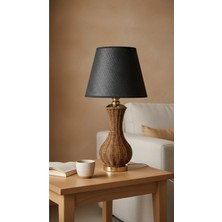 Decodelight Gold Ayak Kahverengi Hasır Rattan Örmeli Gövde Siyah Hasır Kumaş Şapkalı Bohem Abajur Masa Lambası