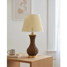 Decodelight Gold Ayak Kahverengi Hasır Rattan Örmeli Gövde Açık Krem Kumaş Şapkalı Bohem Abajur Masa Lambası