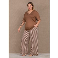 Lady Pijama Kısa Kollu Büyük Beden Viskon Kumaş Sütlü Kahve Pijama Takımı