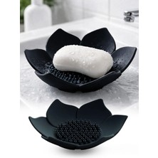 Omilife 2 Adet Lotus Desenli Sabun Ve Sünger Tutacağı Silikon (SİYAH) Su Giderli Lotus Şekilli Sabunluk