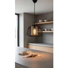 Decodelight Siyah Hasır Yarım Küre Tel Model Metal Bal Renk Camlı Tekli Sarkıt Avize Aydınlatma