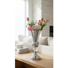 Decodelight Krom Dekoratif Desenli Metal Ayak Kristal Taş 20 cm Çapında Salon Düğün Nişan Vazo Masa Dekor